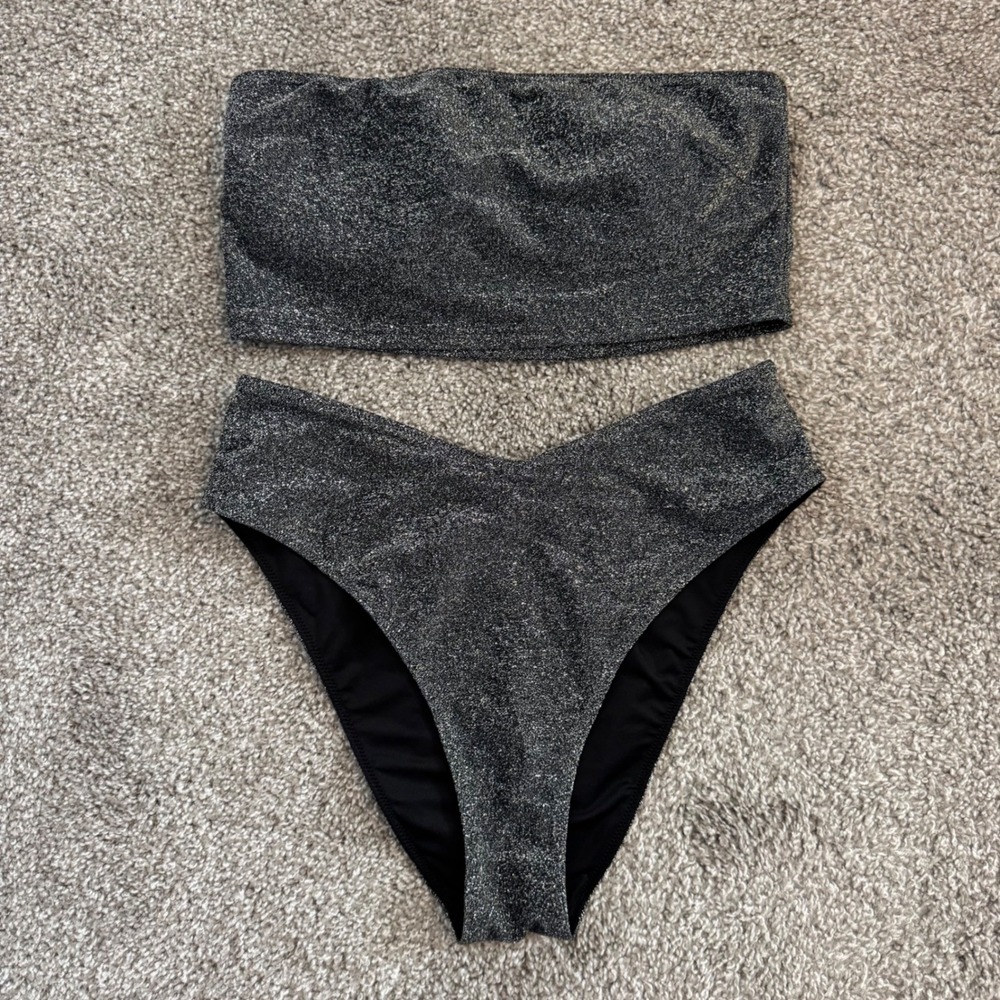 Sparkly Disco VS Pink Metallic Bandeau Bikini Set Large Silver